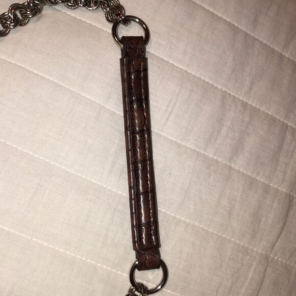 Nine West Shimmer Metallic Burlap Leather Combo Double Link Chain Clutch - Picture 7 of 12